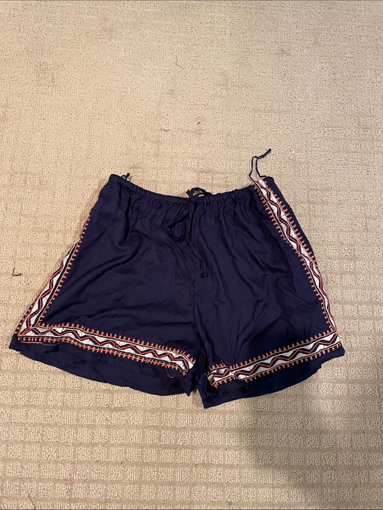 Angie Pants - Angie Navy Drawstring Waist Shorts with Embroidered Trim